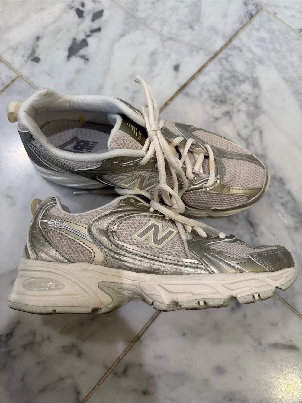 New Balance Running Sneakers in Metallic Silver & Cream - Picture 1 of 6